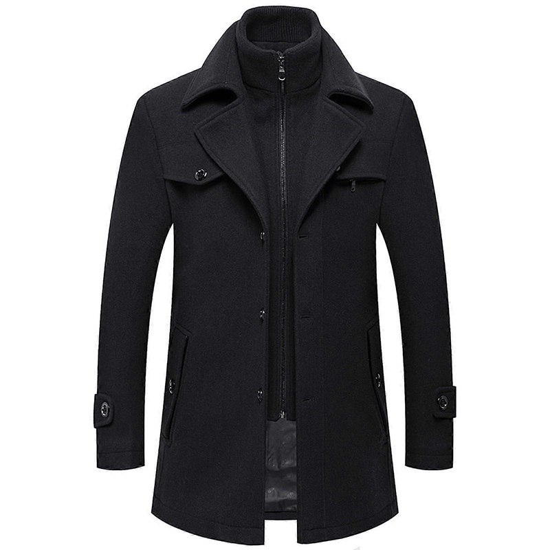 Men’s Wool Trench Coat Long Slim Fit Winter Business Jacket Stand-Up Collar Comfortable Size L A3 Black