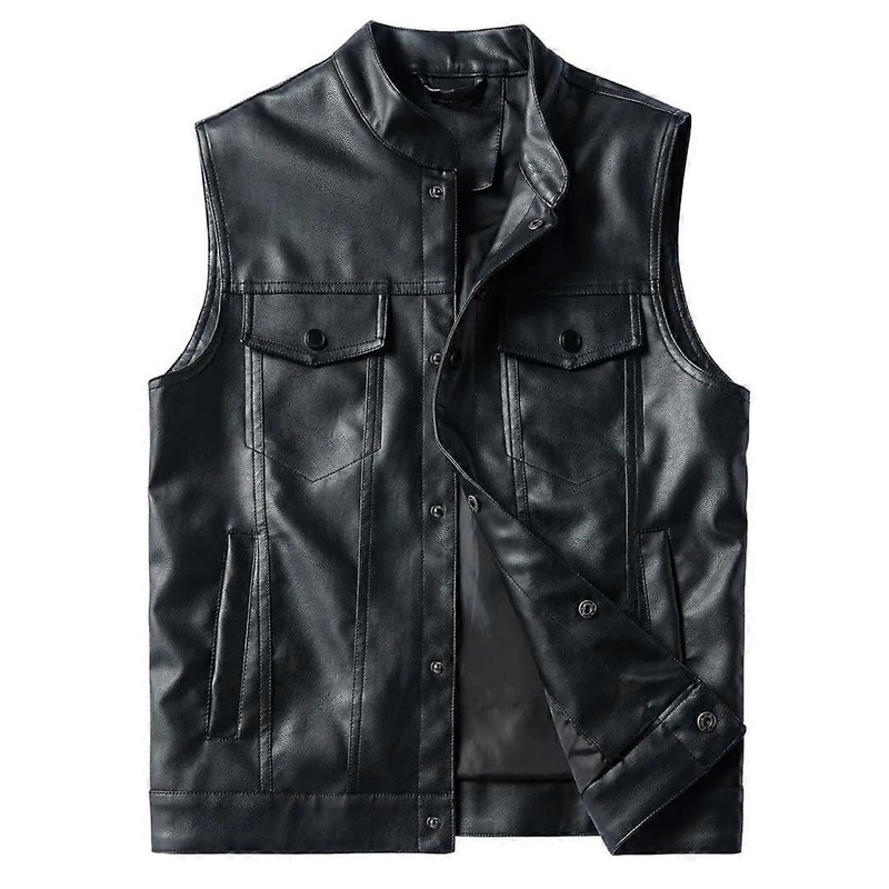 Classic Men’s Leather Vest with Multiple Pockets, Sleeveless PU Jacket for Riding and Biking, Black, XXL