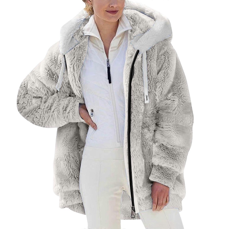 Fleece Coat for Women Zip-Up Hooded Jacket Thick Plush Winter Coat Fluffy Teddy Outerwear O White XXL