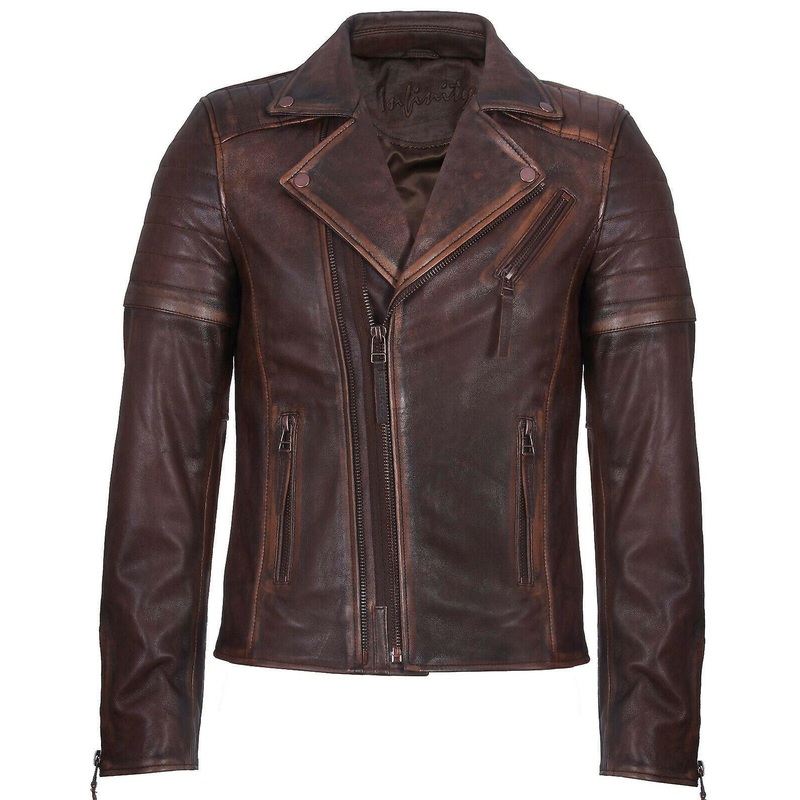 Men’s Brown Double Cross Zip Leather Biker Jacket