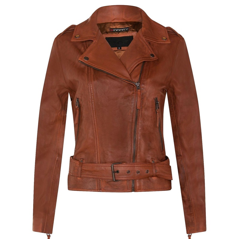 Ladies Leather Brando Coniac Tan Biker Jacket