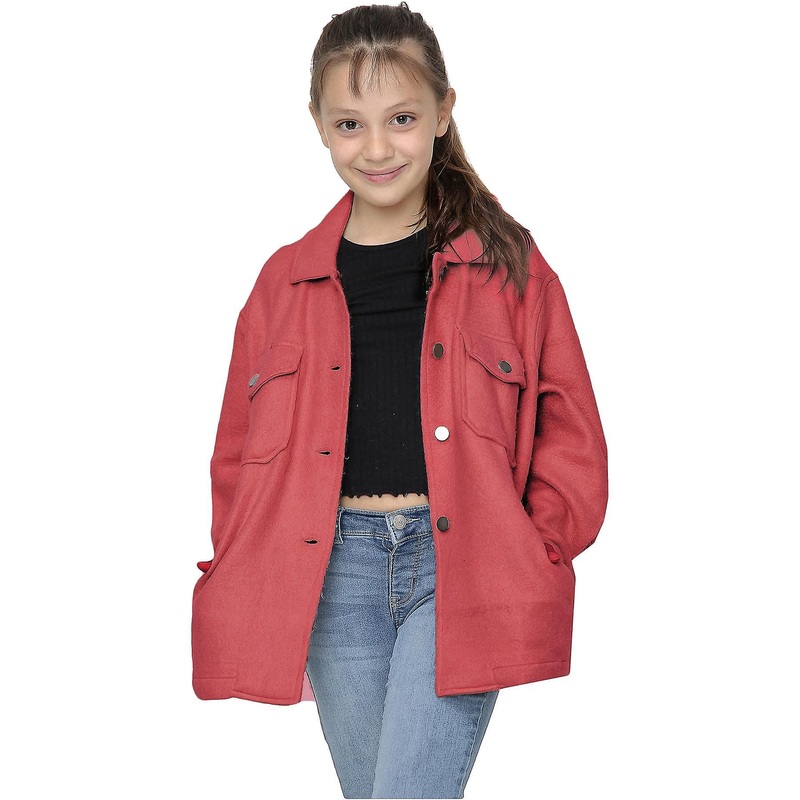 Kids Girls Plain & Check Print Jackets Tunic Fleece Collared Fashion Coat 7-13 Y