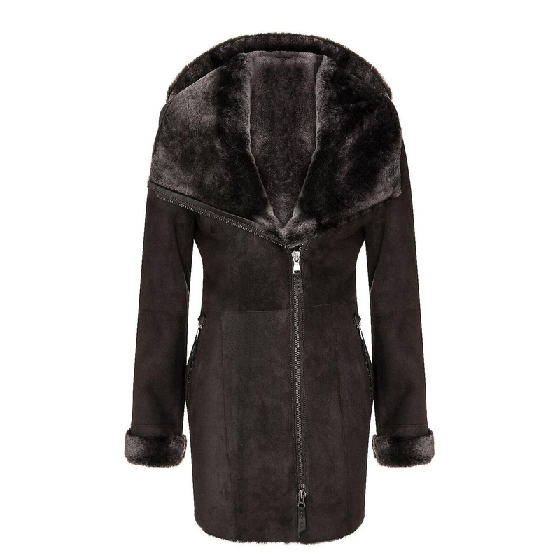 Ladies Brown Hooded Suede Sheepskin Merino Coat