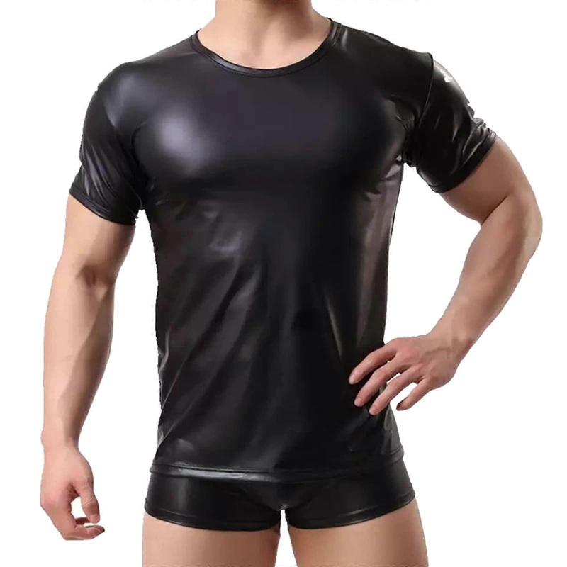 Latex Wetlook Undershirt Leather Sleeveless Vests Stretch Shirt Tops A32 Black 5XL