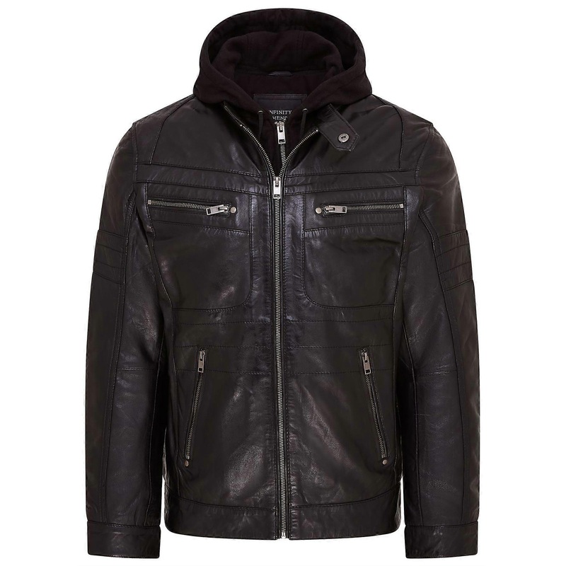 Mens Hooded Black Biker Jacket Racing Leather with removable Hood