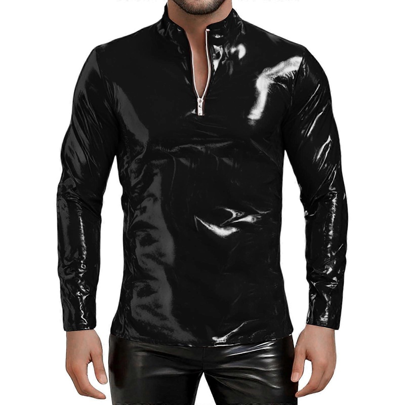 Men’s Wet Look Shirt Gloss Jacket Slim Fit Zipper Black