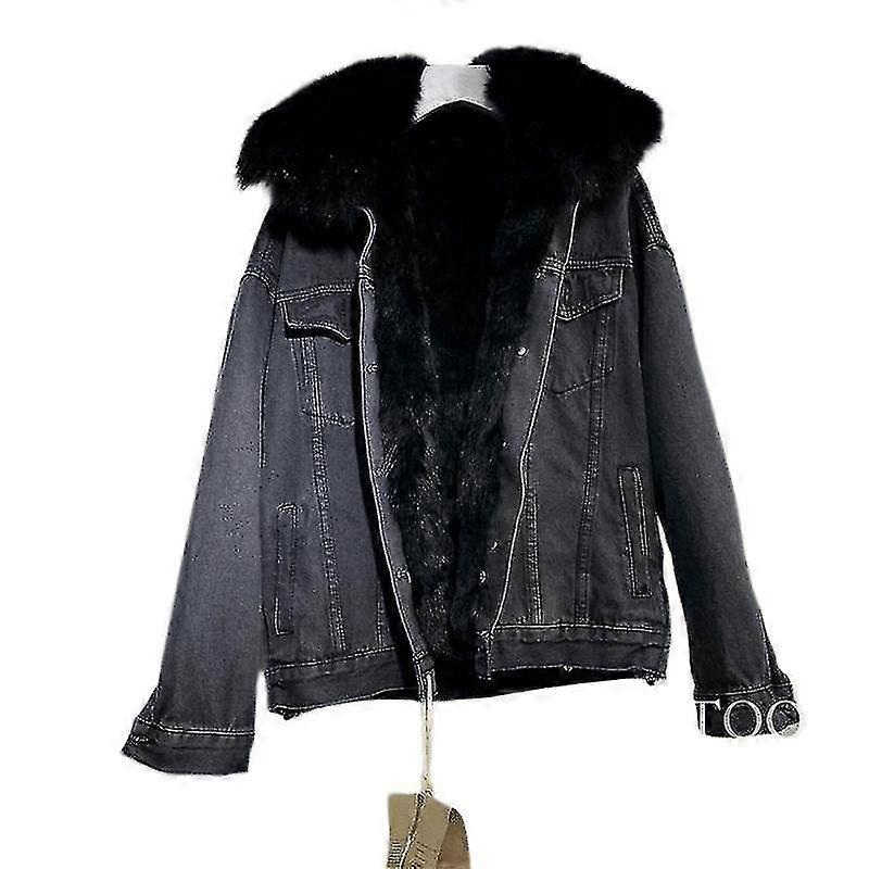 Winter Women’s Denim Jacket Fleece Cushion Fur Collar