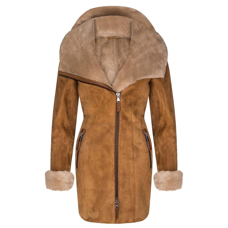 Ladies Tan Hooded Suede Sheepskin Merino Coat