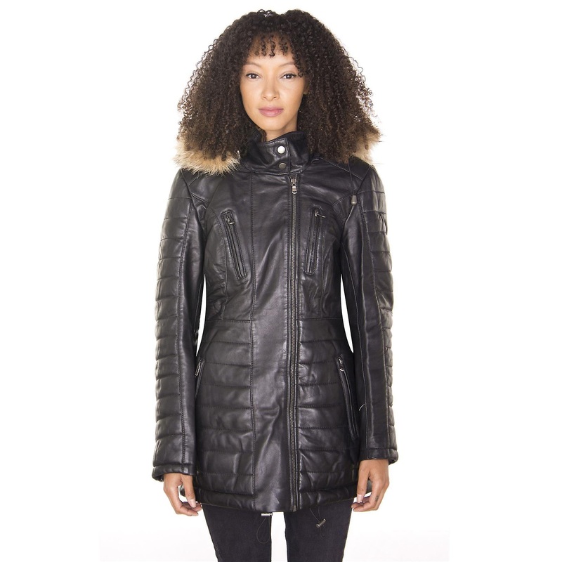 Womens Black Quilted Leather Long Parka Jacket