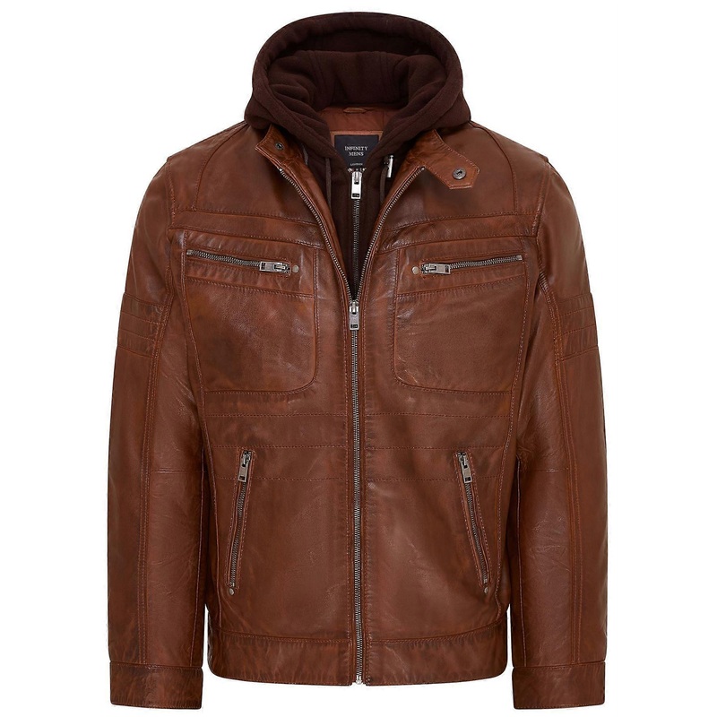 Mens Hooded Brown Biker Jacket Racing Leather with removable Hood