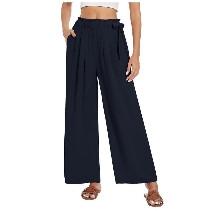 Trousers Women’s Cotton Linen Summer 7/8 Casual Lightweight Wide-Leg High-Waist With Pockets XL Marine Blue