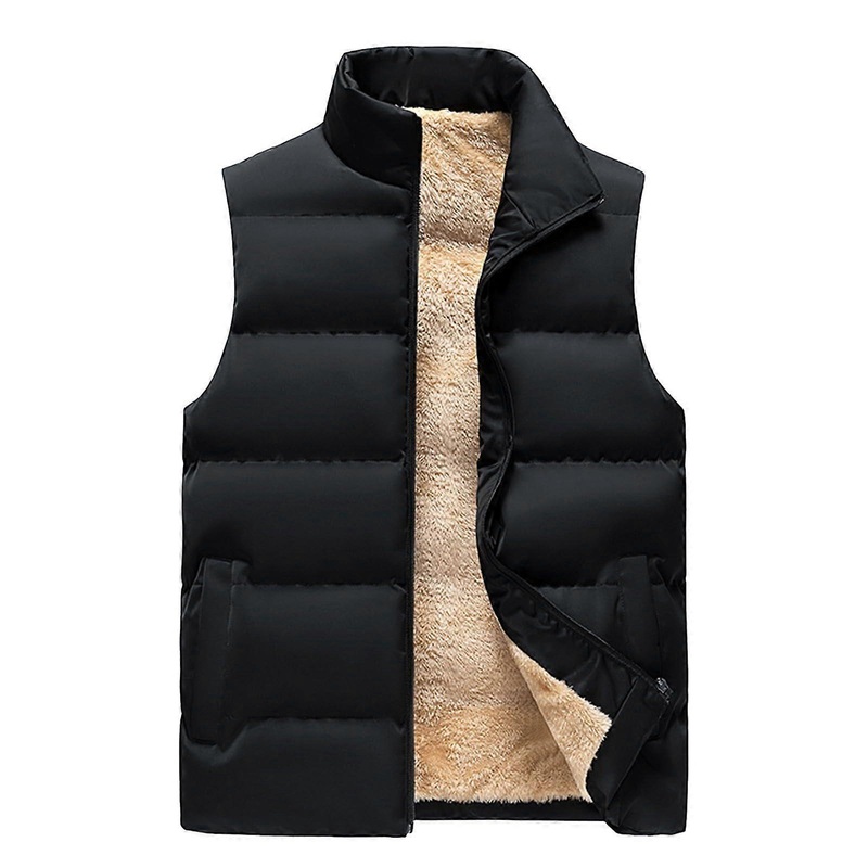 Men’s Quilted Vest Plush Lined Fleece Sleeveless Jacket Stand-Up Collar Casual Winter Work Vest M Black