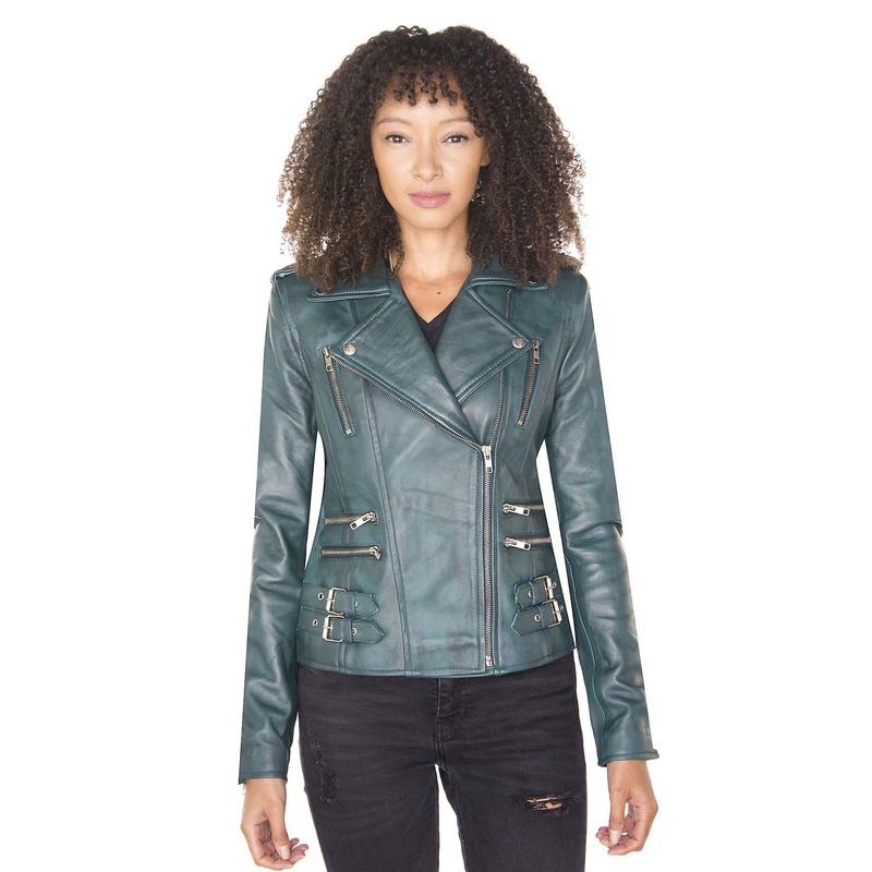 Womens Teal Classic Leather Vintage Brando Biker Jacket