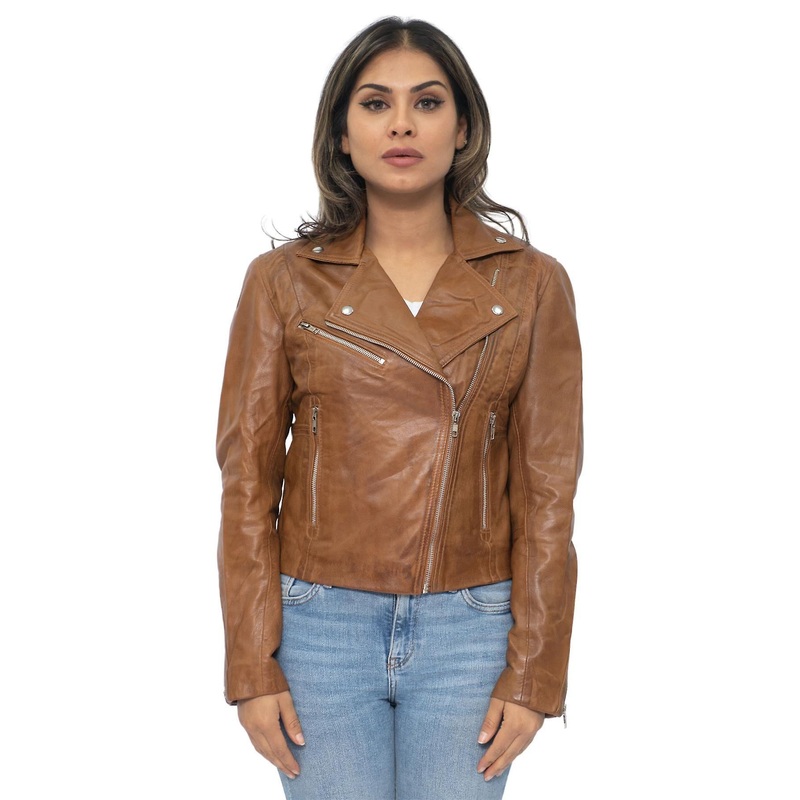 Womens Tan Nappa Classic Leather Retro Biker Jacket