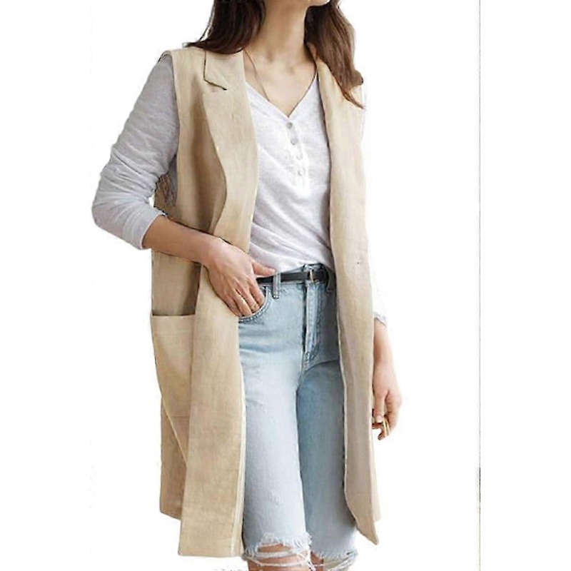 Womens Linen Vest Casual Spring Summer Sleeveless Blazer Jackets Tops