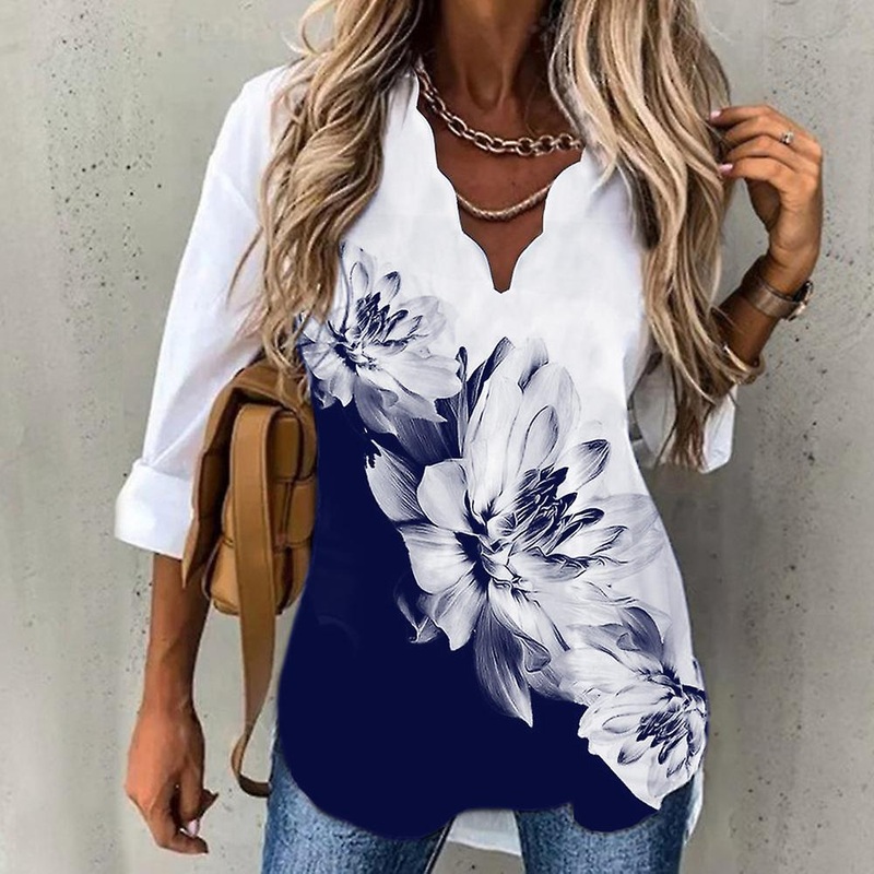 Womens V Neck Flower Print T-shirt Ladies Half Sleeve Casual Blouse Tee Tops
