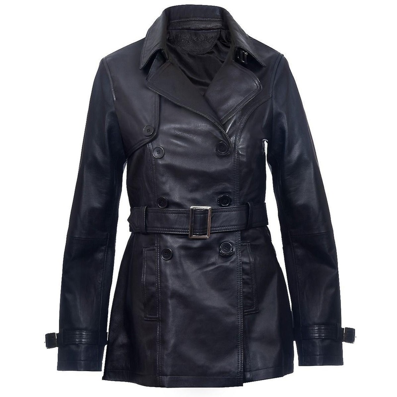 Womens Black Nappa Leather Trench Coat-Mosul