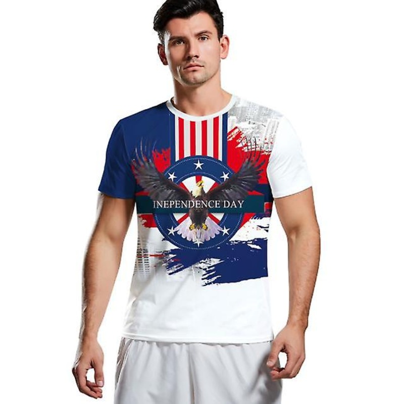 2022 Summer New Outlet  Men’s Clothing Independence Day Eagle Long-winged Print All-match Casual T-shirt