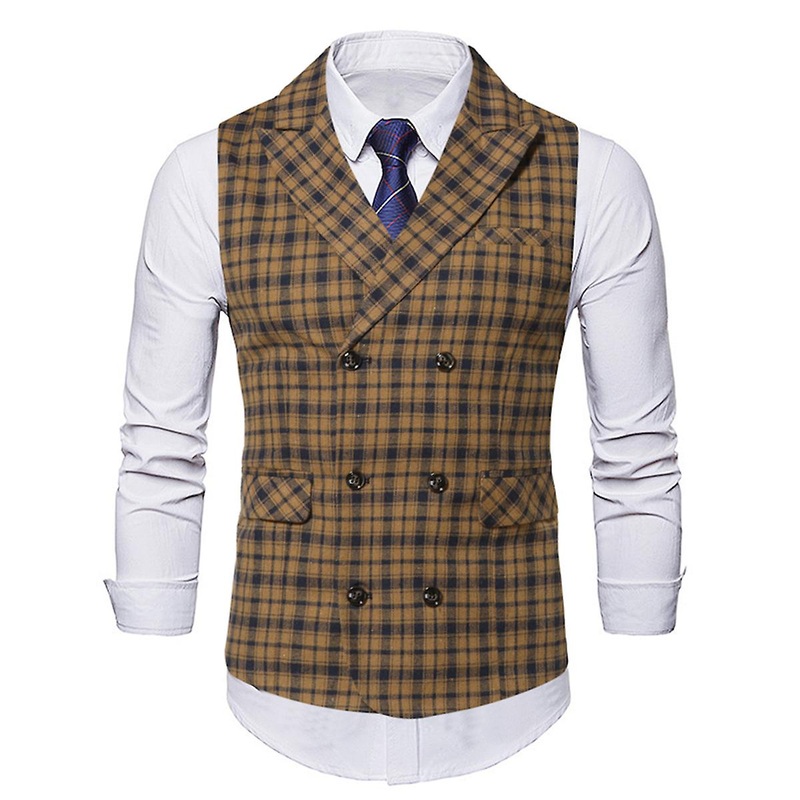 Cloudstyle Men’s Casual Peaked Lapel Plaid Suit Vest With Pockets