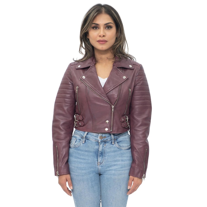 Womens Burgundy Cropped Brando Leather Biker Jacket