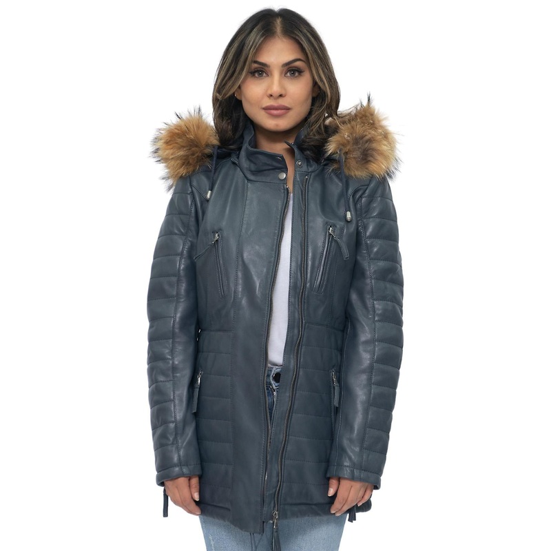 Womens Navy Quilted Leather Long Parka Jacket