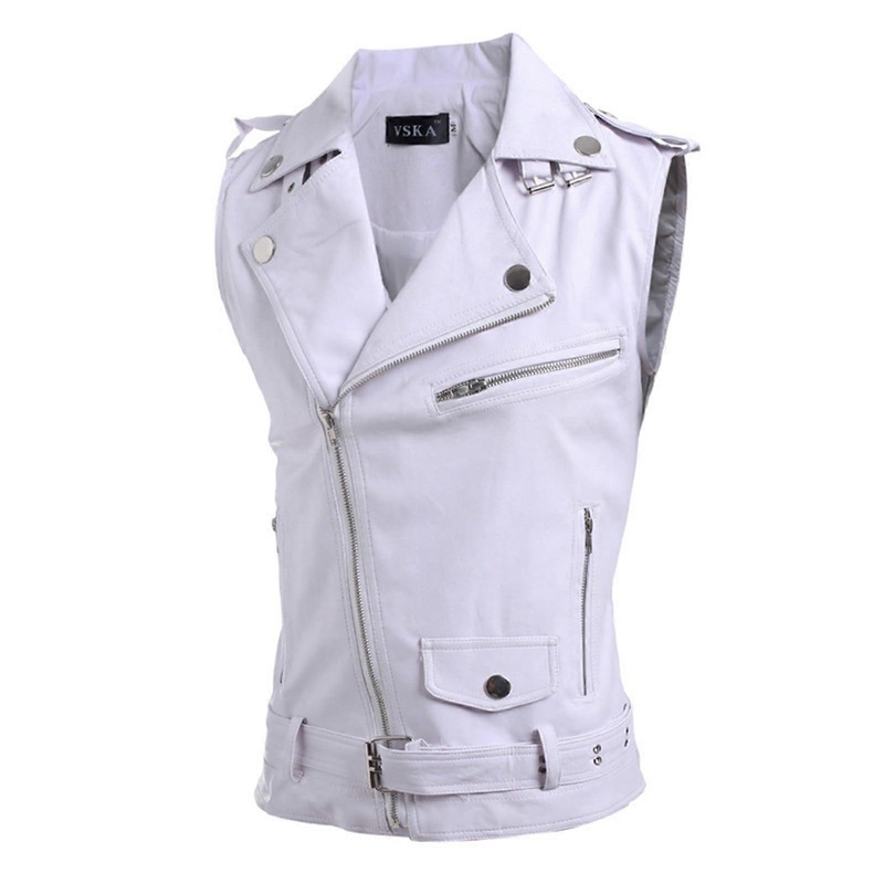 Men’s Leather Biker Vest XXL Faux Leather Motorcycle Tank Top Short Gilet Sleeveless Zip Jacket White for Summer Autumn