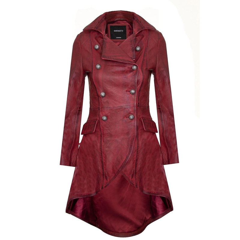 Women’s Gothic Burgundy Leather Edwardian Victorian Flare Coat