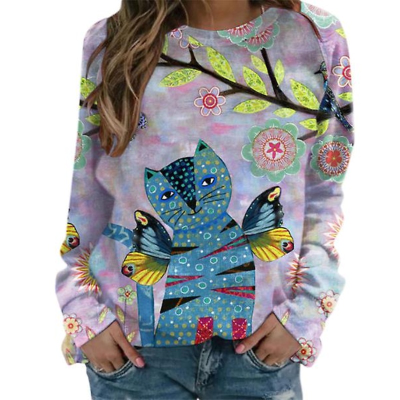 2022 Autumn And Winter New Brand Women’s Long-sleeved Top Sweater Loose Fashion Printed Cat T-shirt
