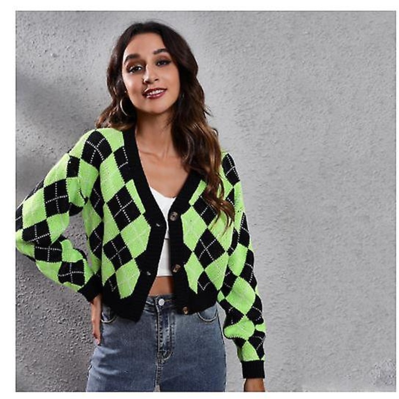 Women’s Knitted Coat Fashion Color Matching Rhombus Jacquard Cardigan 2022 Fall Winter Women’s Short Loose V-neck Sweater