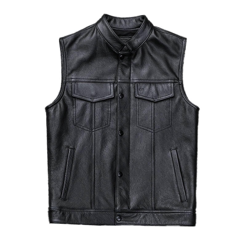 Men’s Black Faux Leather Motorcycle Biker Vest with Pockets XXL Black