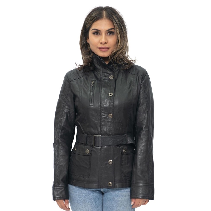 Womens Black Military Style Leather Biker Jacket