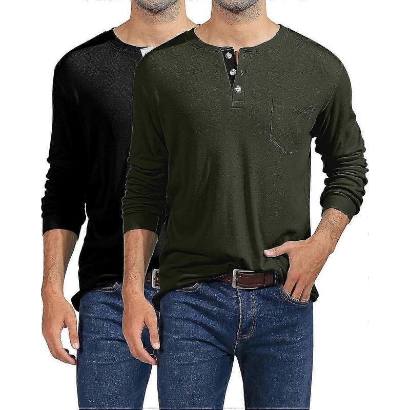 2 Pack Men’s Henley Shirts, Long Sleeve Henley T-shirts With Pockets Casual Front Placket Basic Henley Tee Tops
