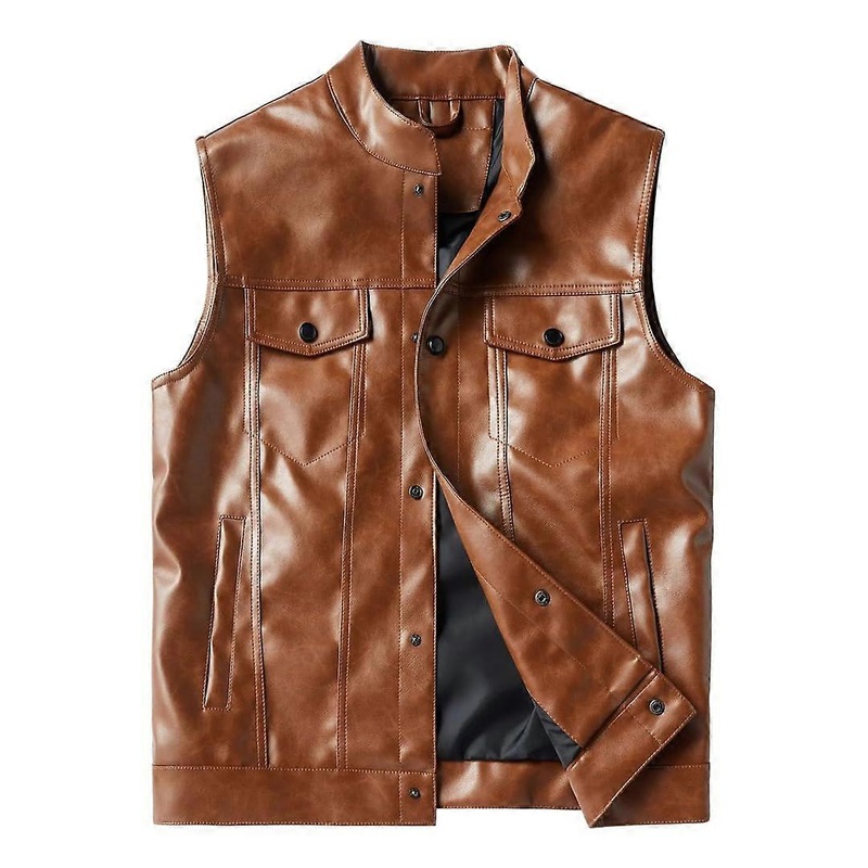 Classic men’s leather vest with multiple pockets, solid color, sleeveless,  jacket, riding, biker vest, earth yellow, M