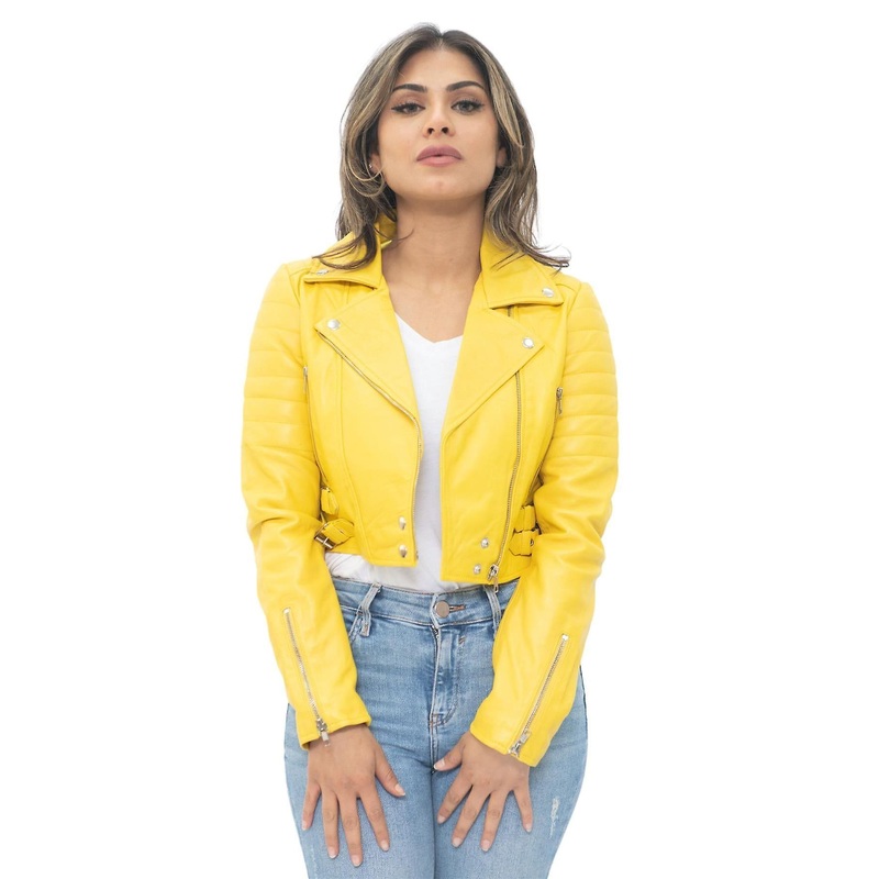 Womens Yellow Cropped Brando Leather Biker Jacket