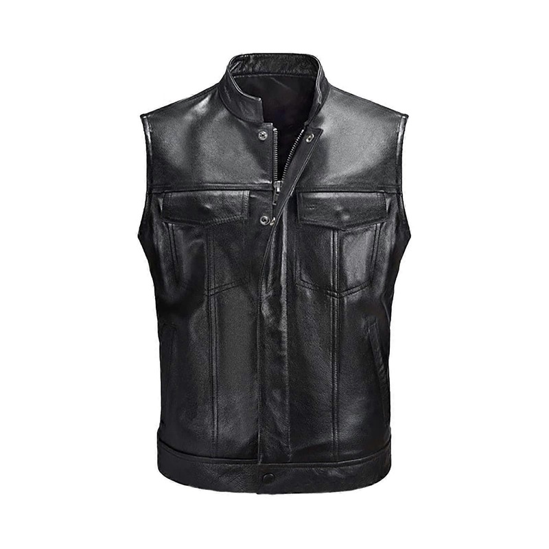 Motorcycle Leather Vest For Men Slim Fit Black Zip Front With Straps Size S