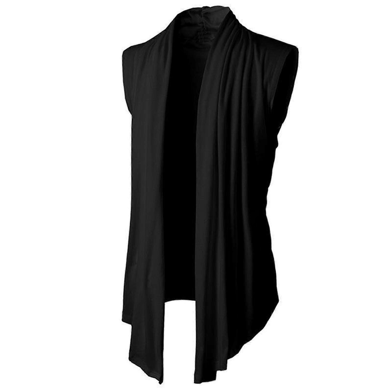 Men’s Sleeveless Cardigan with Irregular Ruffle Shawl Collar  Lightweight Vest Drape Cape, Gothic Vintage Pleated , XXL Black
