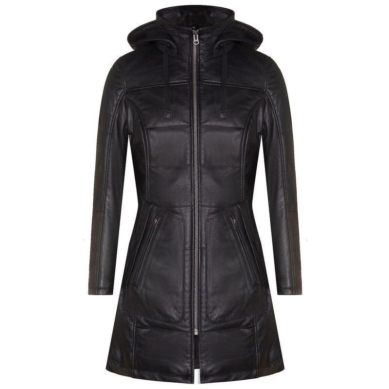 Women’s Black Leather Puffer Quilted Hooded Parka Coat