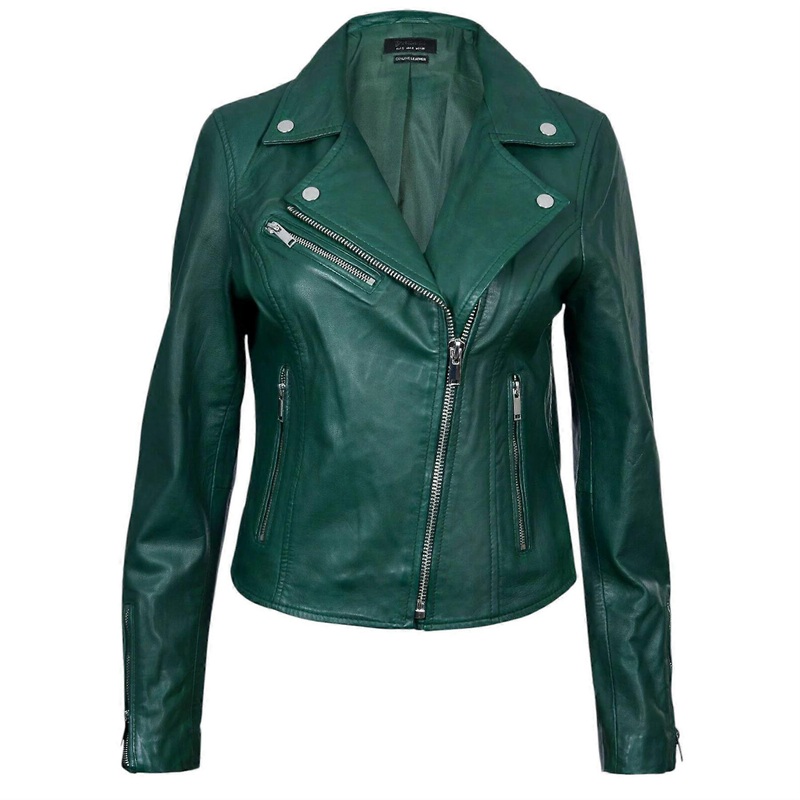 Womens Green Leather Classic Biker Brando Jacket-Baku