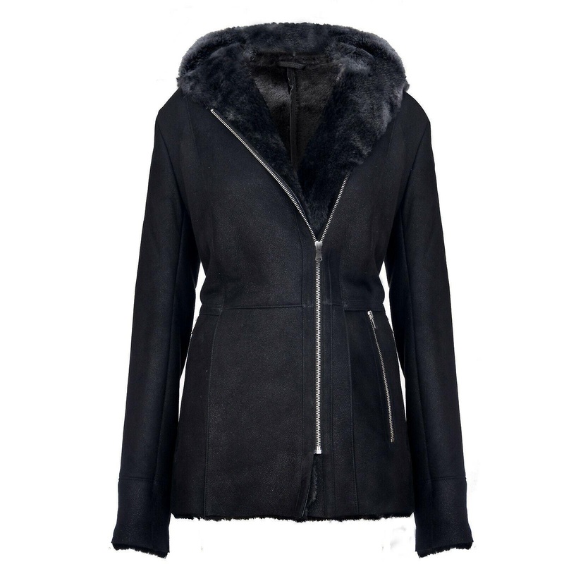 Women’s Black Hooded Suede Shearling Sheepskin Coat