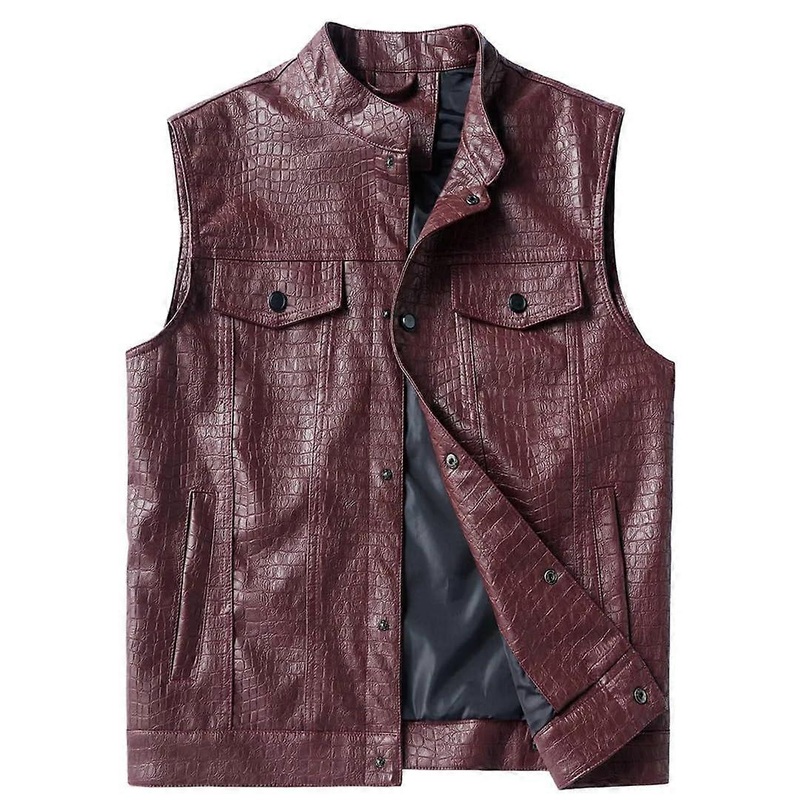 Mens Classic Leather Vest Red Crocodile Effect XXL Sleeveless PU Jacket Multi-Pocket Riding Biker Style