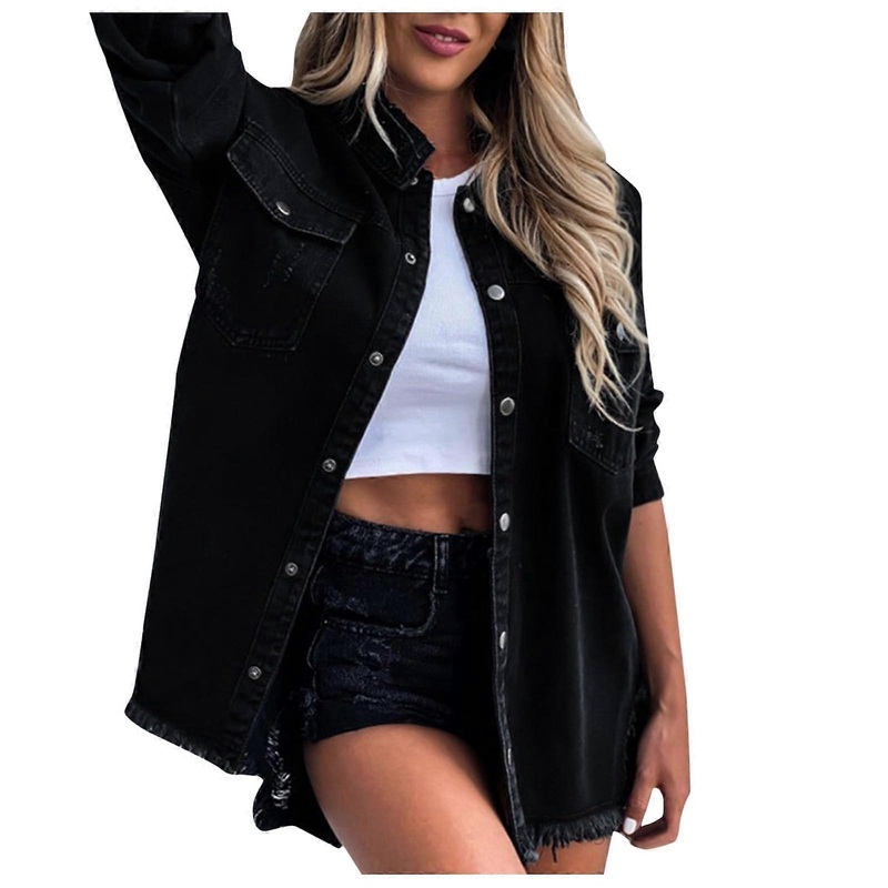 Women’s Long Denim Jacket Oversized Distressed Ripped Black M
