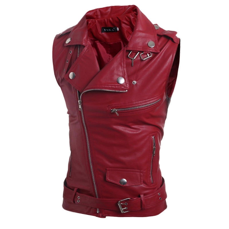 Men’s Leather Motorcycle Vest 2023 Autumn Winter Sleeveless Biker Club Vest Faux Leather Multi Pockets Size M Red