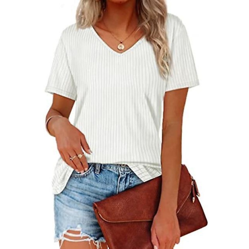 2022 Summer Short-sleeved T-shirt Solid Color Pit Strip Loose V-neck Top Tee Shirt For Women