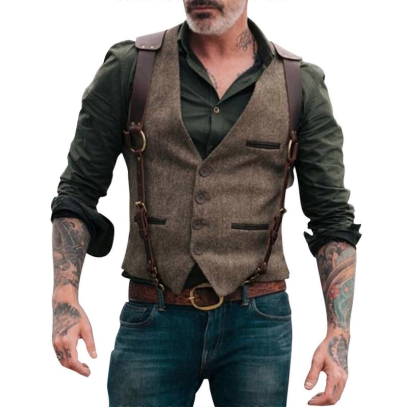 Men’s Suit Vests Leather Waistcoat Oktoberfest Outfit Elegant Gilet 3XL brown
