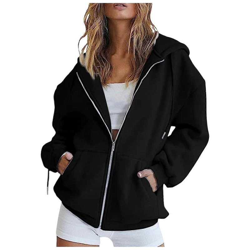 Women’s Hooded Jacket Zip Hoodie Long Sleeve Autumn Winter Oversize Vintage Sweat Jacket O Schwarz XXL College Jacket