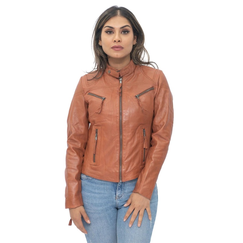 Womens Brown Casual Slim-Fit Leather Biker Jacket