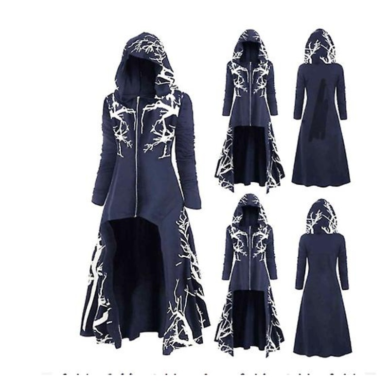 2022 New Arrival Women’s Dress Halloween Cosplay Costume Printed Long Sleeves With Hood Hem Irregular Design Coat With Zipper