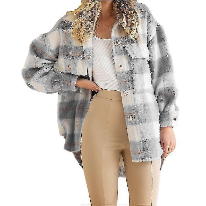 Winter Wool Coat Casual Checked Flannel Shacket Jacket Oversized Button Down Long Sleeve Autumn Shirt Coat Tops Coat Women