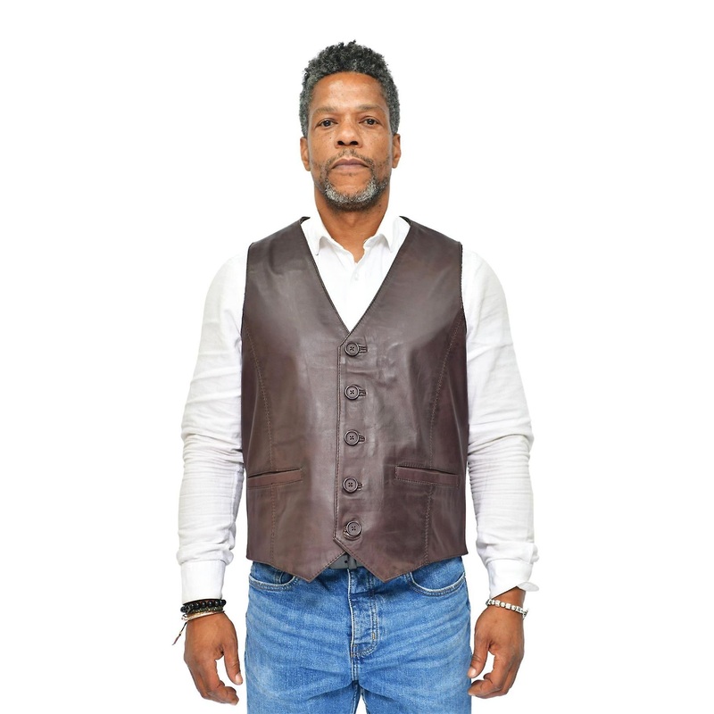 Mens Brown Leather Waistcoat Formal Traditional Gilet Vest