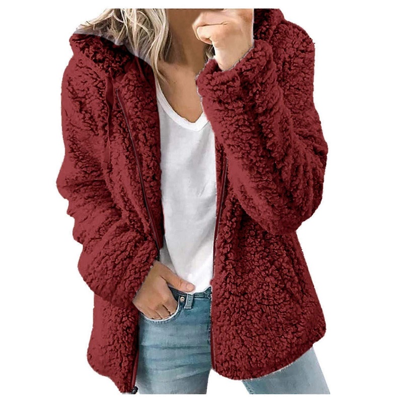 Women’s Plush Teddy Fleece Hooded College Jacket with Pockets, Sporty Casual Coat, Streetwear Plush Sweatshirt, XL Red